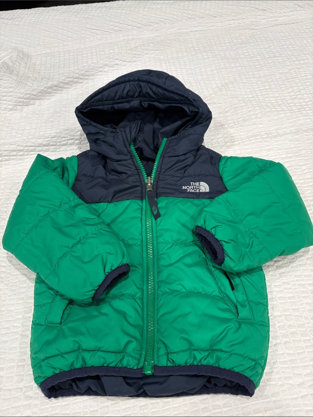 The North Face Green & Navy Hooded Reversible Puffer Jacket
Size 2T